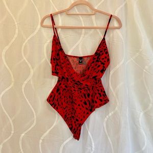 Windsor Cut Out Body Suit Red Cheetah Print Size Large